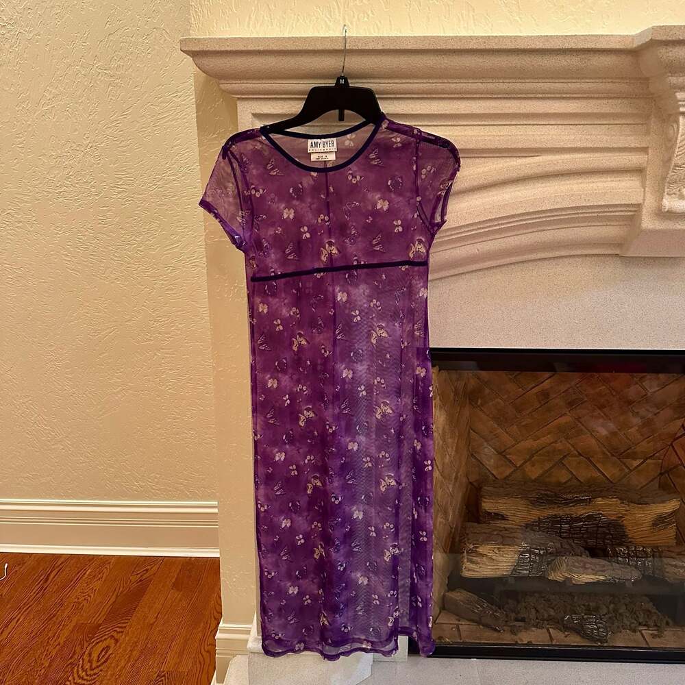 Vintage Amy Byer California Y2K Purple Butterfly Print Sheer Mesh Maxi Dress